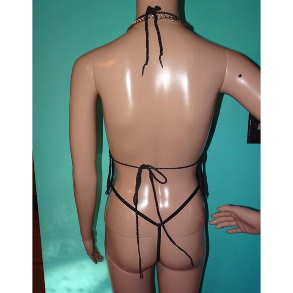 Vintage Black Crochet Triangle Bra Top w/ Fringe A to C cup boho festival goth - Picture 7 of 8